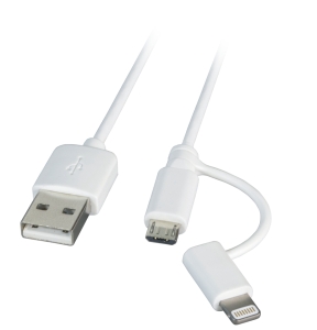 USB 2.0 sync and charge 2 in 1 cable, Lightning, USB micro, MFI, m/m/m, 1m, white 