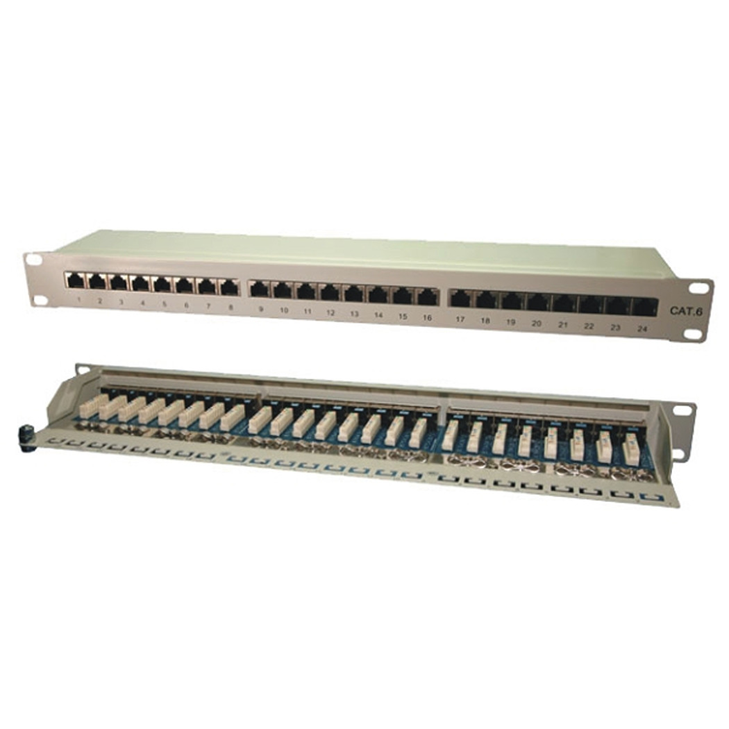 Patchpanel CAT6, STP, 19 inch, 24Port, 1HE, RJ45, LSA, 250MHz, 5Gbps, grey, RAL7035 